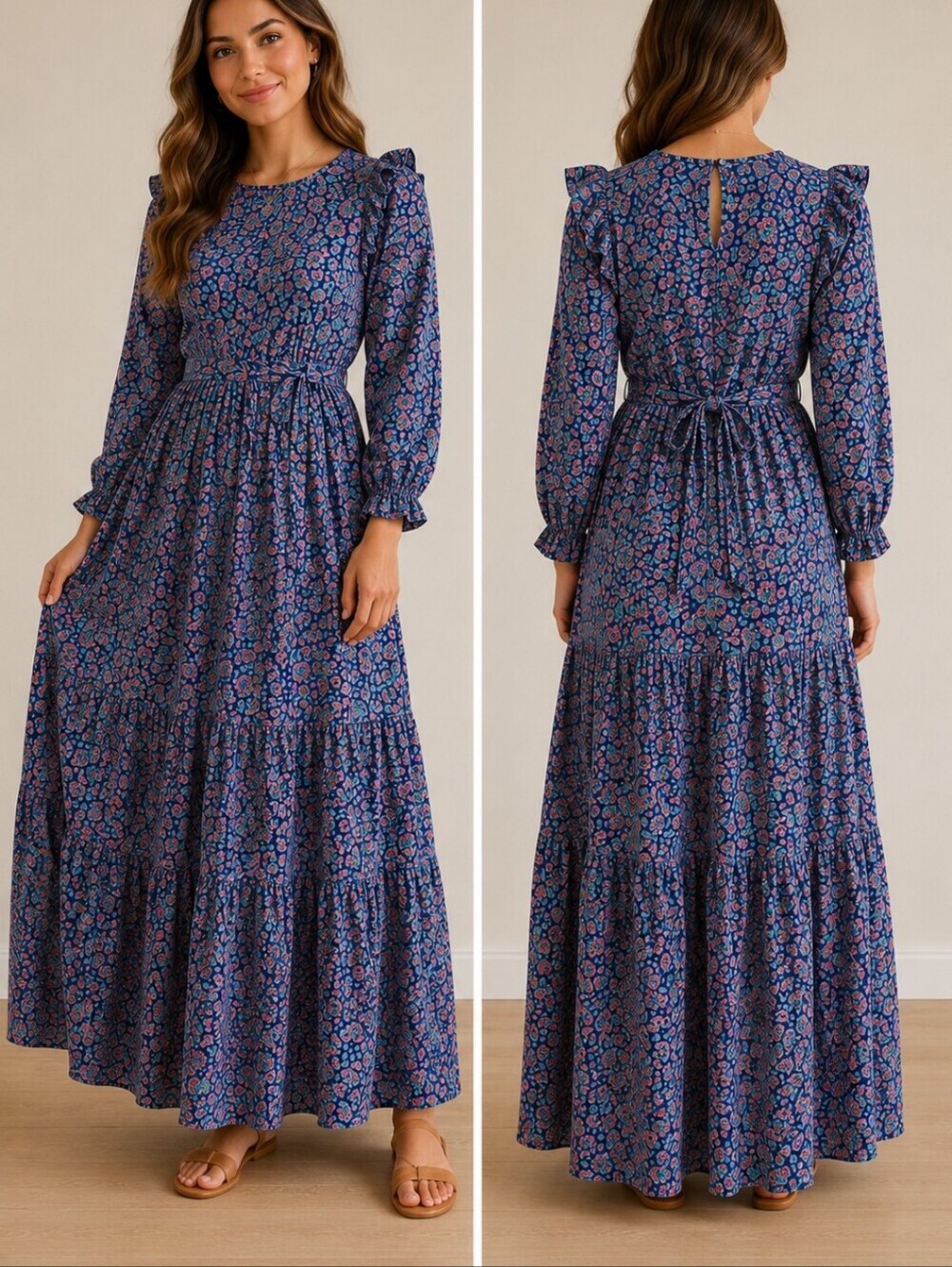 Banjanan Floral Ruffle Tie Waist Maxi Dress Small Blue Pink India Cottagecore